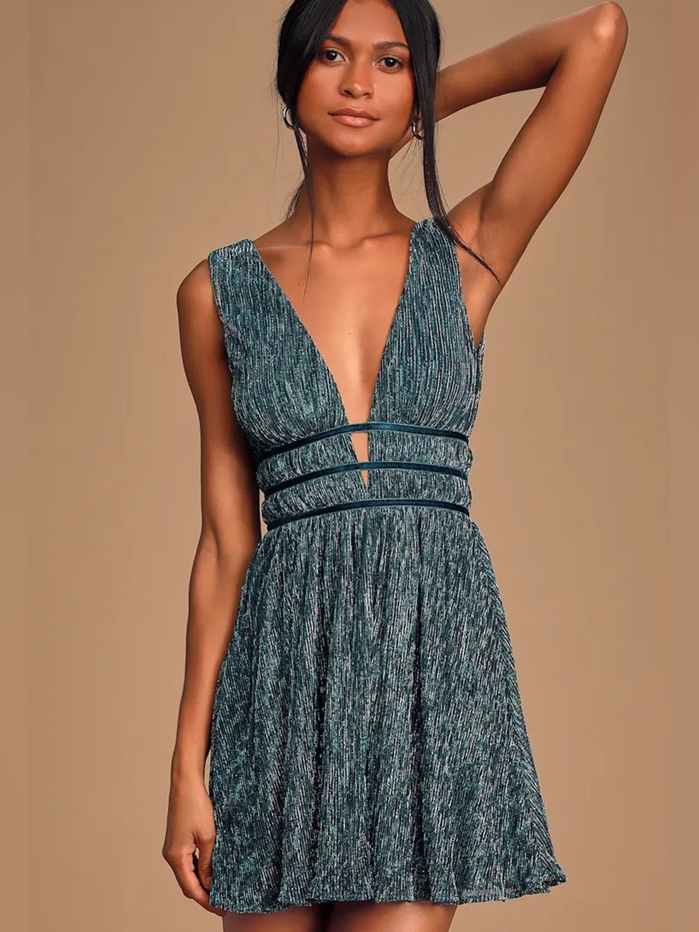 NWT Lulu's Teal Smokeshow Metallic Textured Deep V Strappy Waist Mini Dress Sz M
